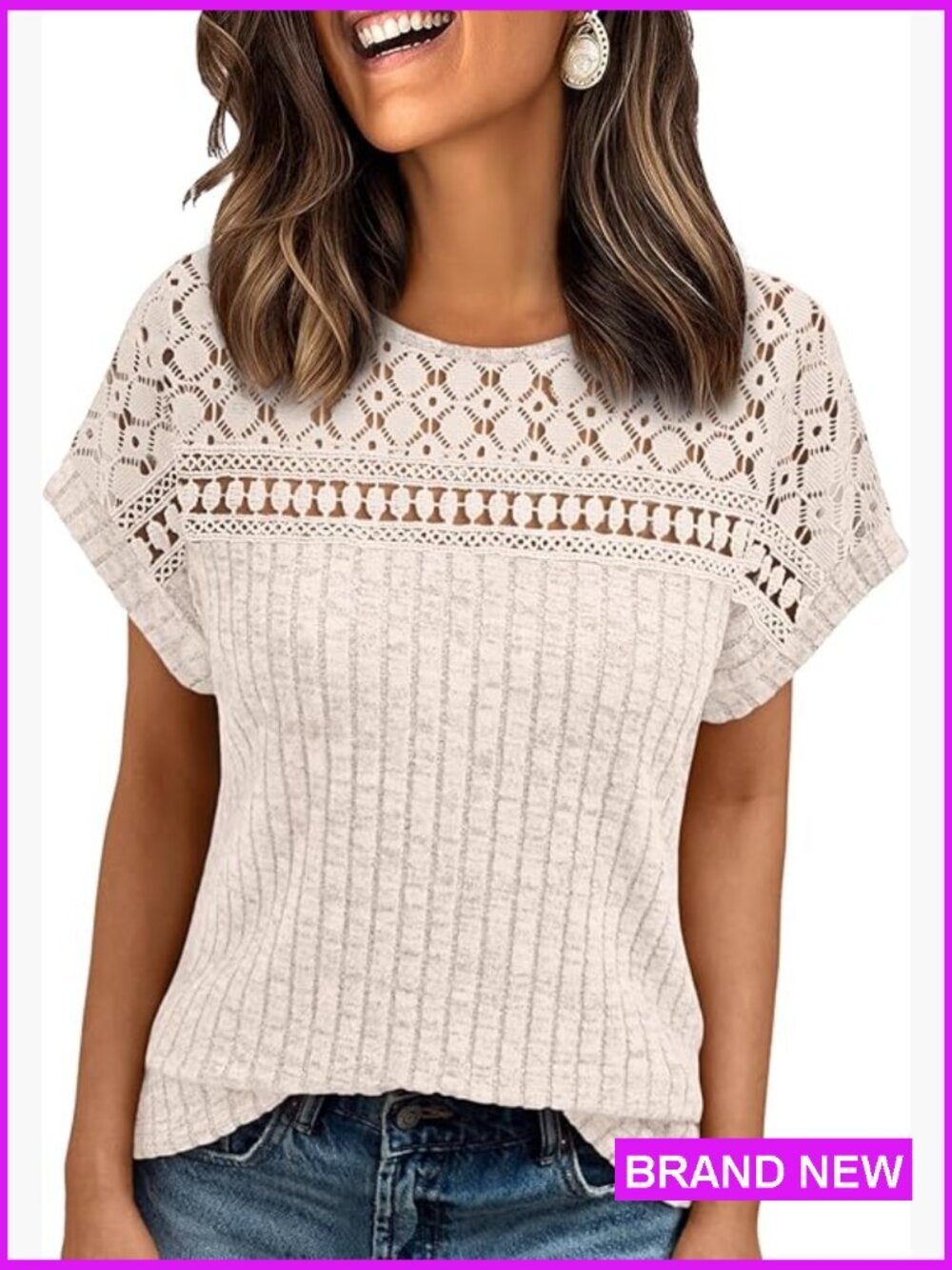 Lace Trim Tunic Top Loose Short Sleeve Blouse Dressy Casual Business Casual